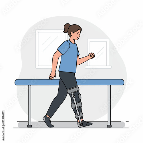 Woman walking with leg brace in rehabilitation clinic. Patient using orthopedic device during physiotherapy session.  Image ideal for medical publications, healthcare brochures,