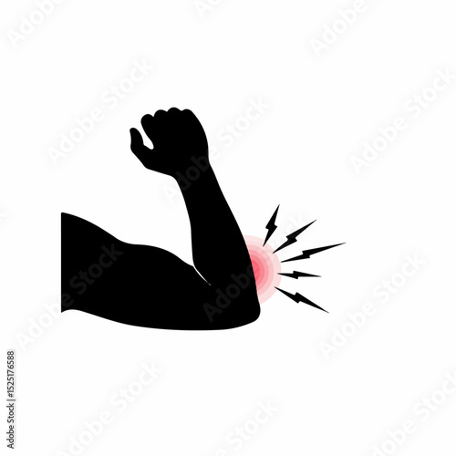 Elbow pain illustration showing arm with red highlighted area and lightning bolts.  Image depicts sharp elbow pain and discomfort. This medical illustration is perfect for brochures, websites,