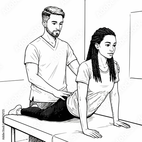 Physical therapist assisting patient with back extension exercise.  Patient lying on examination table performing spinal extension.  Doctor gently supports lower back during therapeutic exercise.