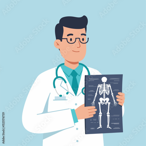Doctor holding x ray image of human skeleton. Medical professional in white coat shows skeletal x ray.  This illustration is perfect for medical websites, brochures,