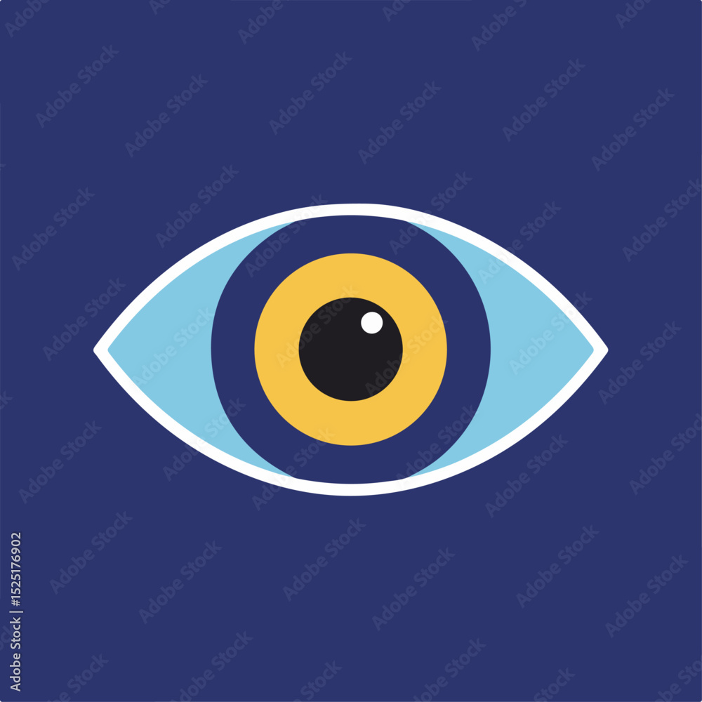 Stylized eye graphic design with blue and yellow iris. Simple eye icon with concentric circles represents vision and sight. Stylized eye graphic design with blue and yellow iris. Simple eye icon with concentric circles represents vision and sight.