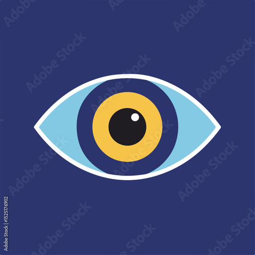 Stylized eye graphic design with blue and yellow iris. Simple eye icon with concentric circles represents vision and sight.