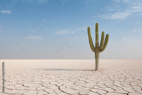 solitary cactus standing tall in barren landscape under clear blue sky