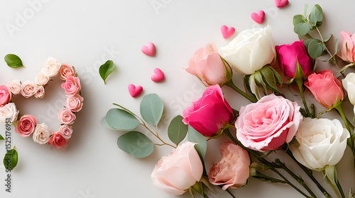 Beautiful arrangement of pink and white roses with heart-shaped floral design and decorative hearts on a soft background, perfect for romantic occasions and celebrations. Selective focus