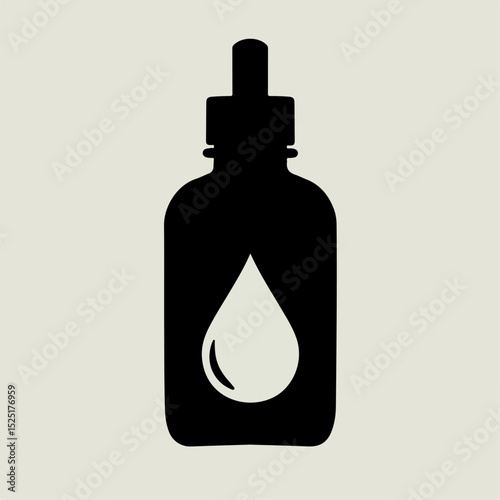 Eye drops bottle, medical liquid in container, ophthalmology solution.  Simple black silhouette of eye drops bottle perfect for medical packaging, pharmaceutical leaflet, or eye care clinic brochure.