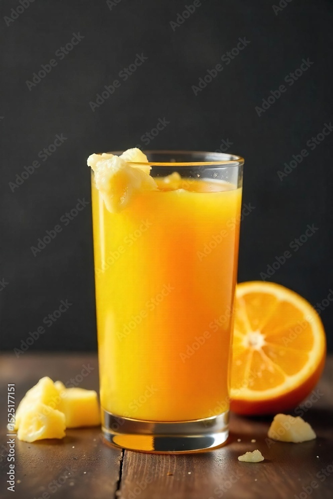 Fototapeta premium A vibrant glass of orange juice with a pat of melting butter on the rim, ready to be stirred in Perfect for a breakfast beverage or a unique cocktail ingredient , morning, healthy, glass