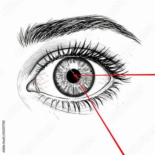 Detailed human eye drawing with red laser lines. Closeup illustration shows iris, pupil, and eyelashes.  Image perfect for ophthalmology brochures or medical publications,