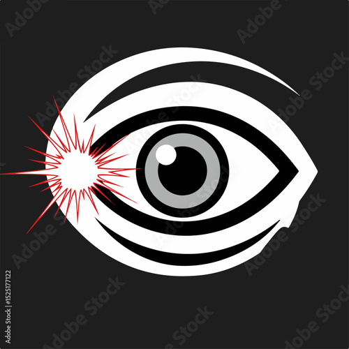 Stylized eye with laser beam. Detailed eye graphic with sharp lines and intense red laser.  Intricate design perfect for ophthalmology or traumatology publications.