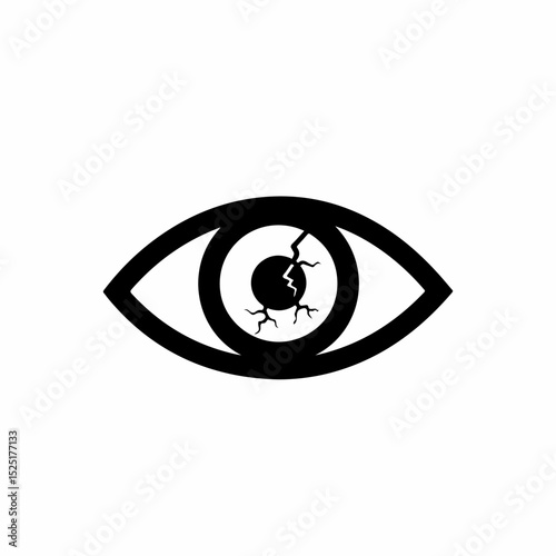 Cracked eye icon symbol. Damaged human eye illustration with crack lines in pupil. Graphic design for ophthalmology or traumatology medical brochures.