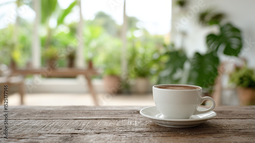 minimalist cafe featuring cup of coffee on wooden table with ultrabright and clean background