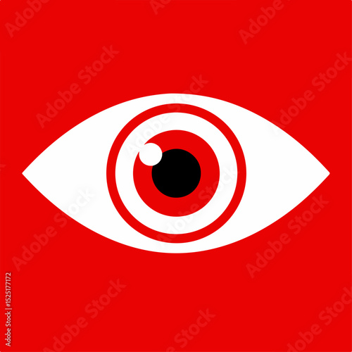 Red eye stylized graphic illustration. Simple eye design with white sclera and red iris. Bold graphic eye image perfect for ophthalmology or traumatology branding.