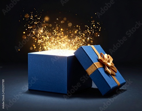 Blue box with magic golden light on dark