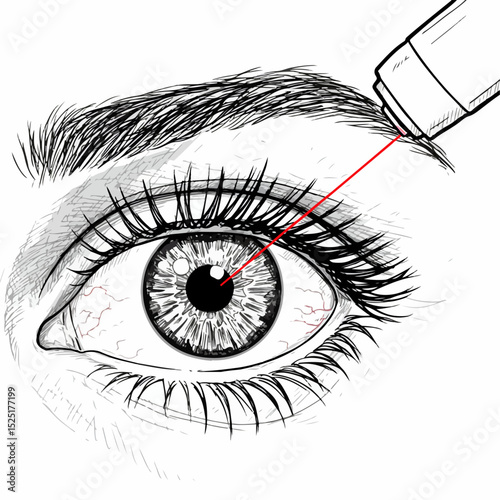 Detailed eye drawing with laser beam for ophthalmology. Close-up illustration shows iris, pupil, eyelashes, and eyebrow.  Laser treatment is depicted for medical educational materials.