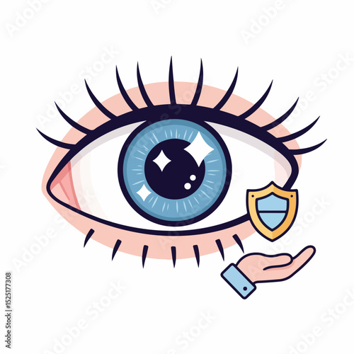 Eye protection illustration, showing a stylized eye with a protective shield held by a hand. This image depicts eye care and safety, ideal for ophthalmology or traumatology brochures, websites,