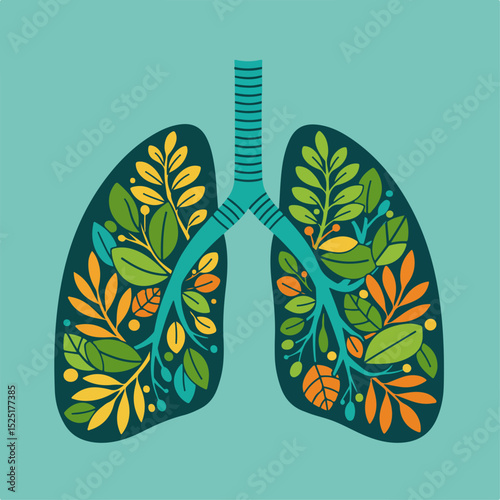 Lungs illustration with colorful leaves and branches. Detailed lungs filled with autumn foliage create a nature-inspired design.