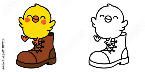 Coloring Page For Kids Cartoon A happy little chick sitting on a farmer’s boot Outline Vector Illustration