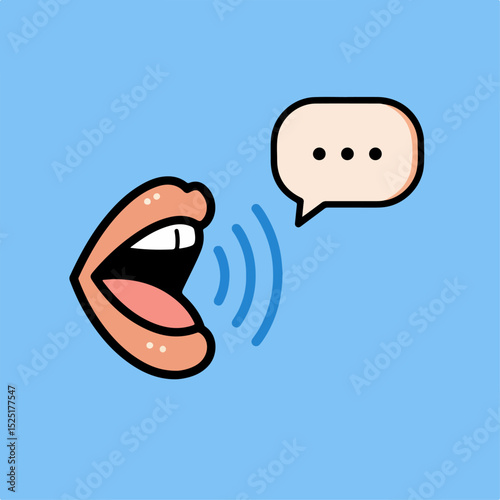 Open mouth speaking with speech bubble and sound waves. Illustration shows lips pronouncing words and a chat bubble with ellipsis. This image is perfect for communication apps, presentations,
