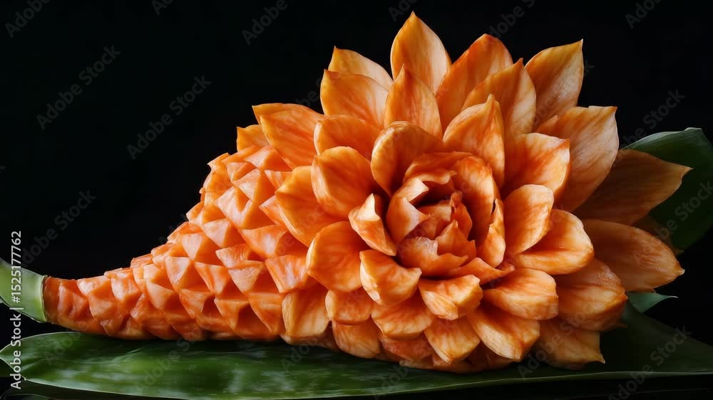Expert fruit carving showcases intricate designs and floral patterns created from orange fruit, displayed on a green leaf