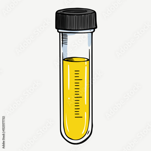 Test tube with yellow liquid sample. Clear glass tube with measurement markings contains bright yellow substance.  This detailed illustration is perfect for science publications,
