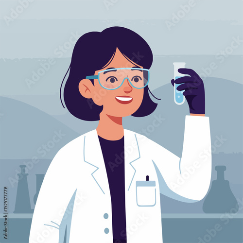 Smiling scientist woman in lab coat holding test tube with liquid.  Female researcher in protective eyewear examining sample in laboratory. This illustration is perfect for science publications,