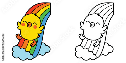Coloring Page For Kids Cartoon A happy little chick sliding down a rainbow Outline Vector Illustration