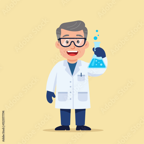 Happy scientist holding flask with blue liquid. Smiling scientist in lab coat conducts experiment.  Laboratory illustration perfect for educational materials, science publications,