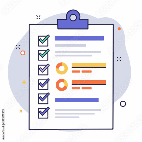 Checklist clipboard with tasks completed and progress charts.  Checklist includes marked items, graphs showing project status, and empty lines for additional notes.