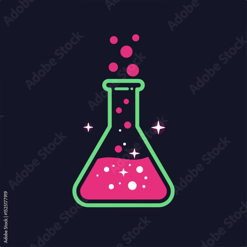 Erlenmeyer flask with pink liquid and bubbles.  Illustration shows conical flask filled with pink potion and rising bubbles.
