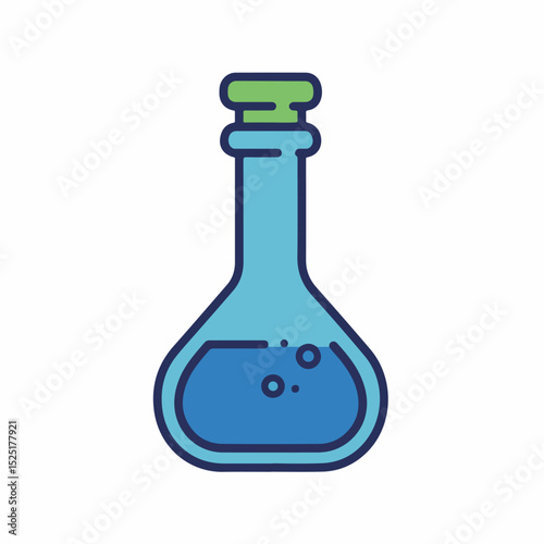 Erlenmeyer flask with blue liquid, glass beaker, science experiment, laboratory equipment, chemical reaction, bubbling solution, scientific research, chemistry illustration,