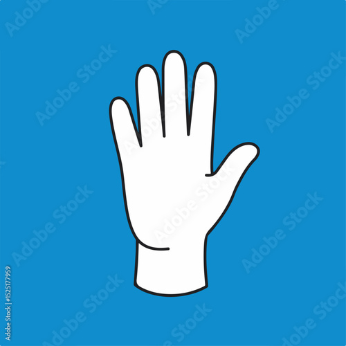 White hand in glove raised up. Simple hand gesture for hygiene and safety. Clean hand design perfect for laboratory safety posters and medical educational materials.