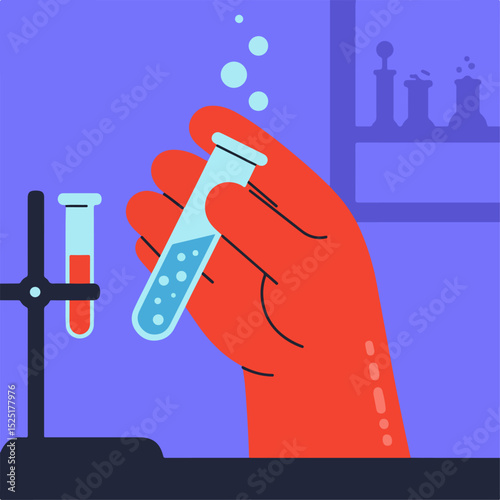 Scientist hand holding test tube with bubbling liquid. Experiment in lab involves chemical reaction in glass tube.  Science concept image perfect for laboratory website or educational materials.
