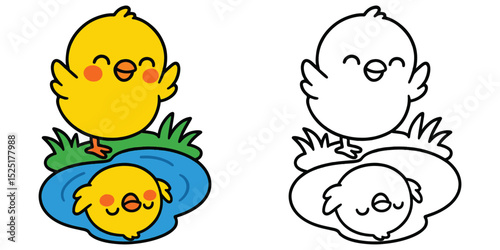 Coloriong Page For Kids Cartoon A happy little chick looking at its reflection in a pond Outline Vector Illustration