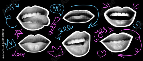 Halftone dotted texture cutout collage elements - woman lips, smile, kiss, scream, mouth with tongue isolated on black background. Magazine style vector doodle arrows, heart, crown, lightning icon.
