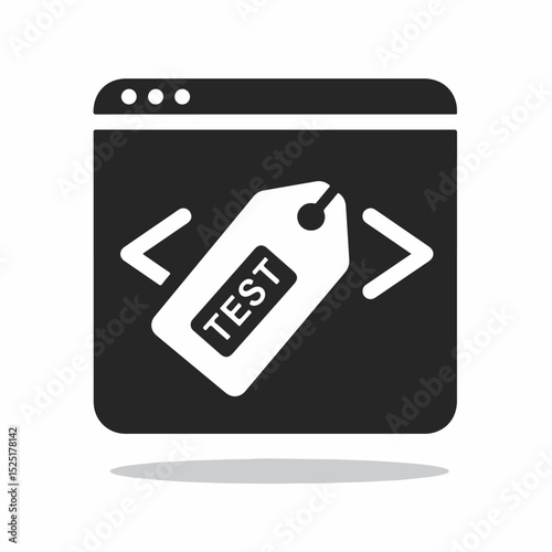 Software testing tag on website screen.  Webpage shows a tag labeled test for software quality assurance.  Concept for software testing process documentation.