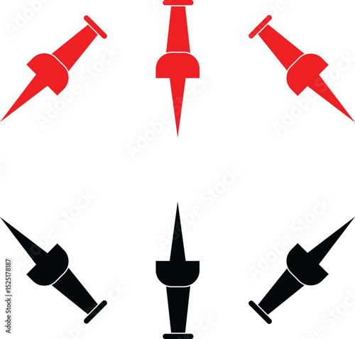 Red and black push pins office stationery icons