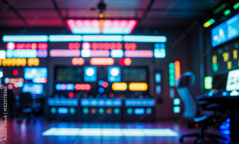 Naklejka premium Futuristic control room with glowing screens and an office chair in focus.futuristic photos with premium quality for poster and banner backgrounds