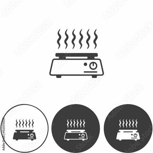 Hot plate icon with steam, showing temperature control knob and heating surface.  Simple hot plate illustration perfect for lab manuals, scientific presentations, or educational materials.