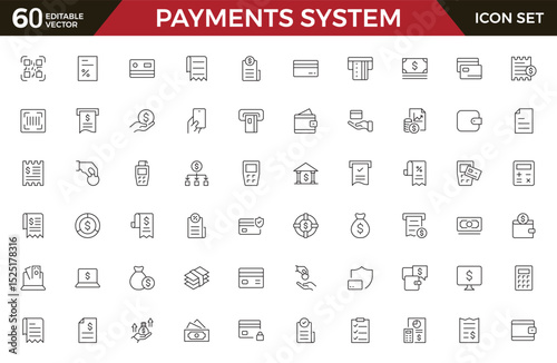 Set of outline Digital Payments Icon Set. Sleek and modern icons for e-commerce, online transactions, and fintech apps, designed to enhance user interfaces and streamline payment processes.