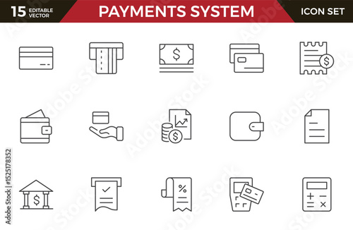 Set of outline Digital Payments Icon Set. Sleek and modern icons for e-commerce, online transactions, and fintech apps, designed to enhance user interfaces and streamline payment processes.