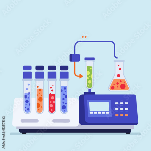 Scientific experiment in laboratory with colorful liquids in test tubes and flask. Laboratory equipment includes automated system for mixing and transferring liquids.