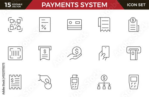Set of outline Digital Payments Icon Set. Sleek and modern icons for e-commerce, online transactions, and fintech apps, designed to enhance user interfaces and streamline payment processes.