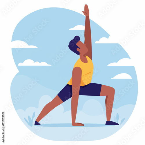 Man practicing yoga outdoors, fitness pose in nature, stretching arm upward, healthy lifestyle concept. This fitness illustration is perfect for fitness blogs, workout plans,