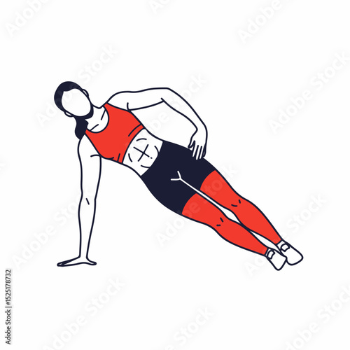 Fitness exercise woman in side plank position.  Workout routine includes core strengthening exercise.  Image ideal for fitness blogs, workout guides, or gym advertising.