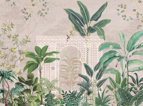 Mughal Garden Illustration, Mughal Wedding Mural, Mughal Arch, Watercolor Background.