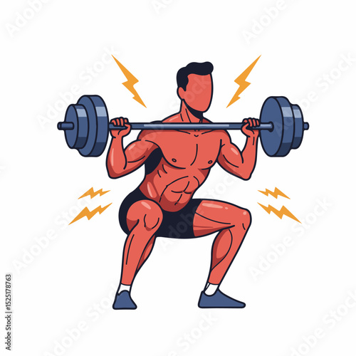 Muscular man performing barbell squats exercise. Strong athlete training in gym. Fitness illustration perfect for gym posters, fitness blogs, or workout app design.