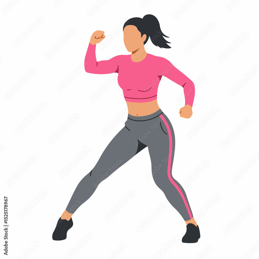 Fototapeta premium Woman in pink top and gray leggings doing fitness exercise. Athletic woman demonstrates fitness workout pose. Active fitness lifestyle concept for gym advertisement or fitness studio promotion.