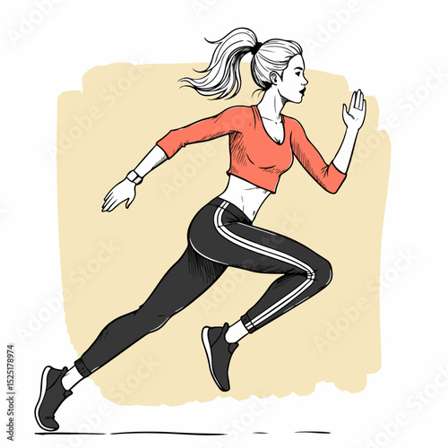 Athletic woman running in sportswear. Fitness girl in motion, active lifestyle concept.  This dynamic illustration is perfect for fitness blogs, sports websites, or gym advertising.
