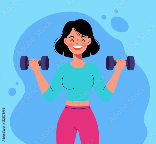 Happy woman exercising with dumbbells. Fitness girl smiling and lifting weights.  Positive fitness concept for gym advertising or fitness blog.