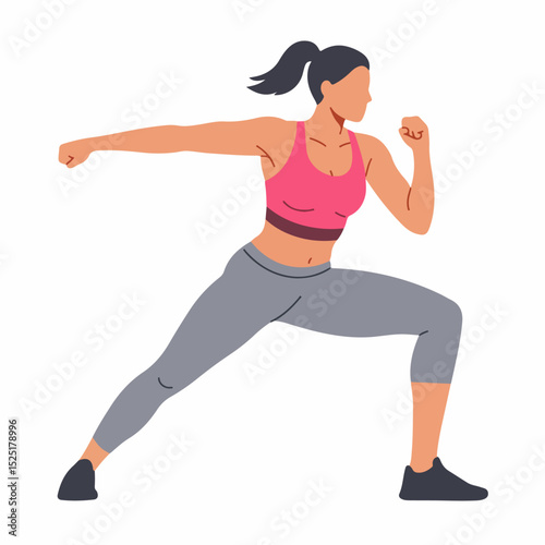 Woman in sportswear performing dynamic fitness exercise. Strong female athlete demonstrates fitness pose. This fitness image is perfect for fitness posters and workout plans.