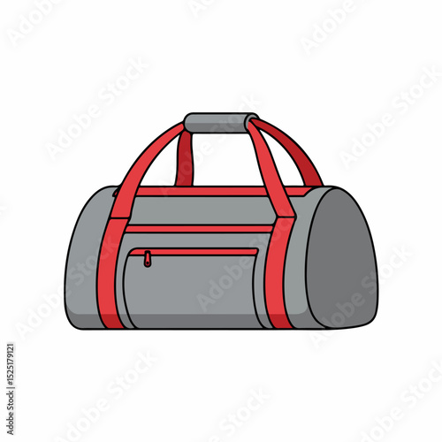 Stylish gray duffel bag with red straps and small pocket. This travel bag is perfect for gym or weekend trip.  Durable duffel bag is ideal for carrying sports equipment or clothes.